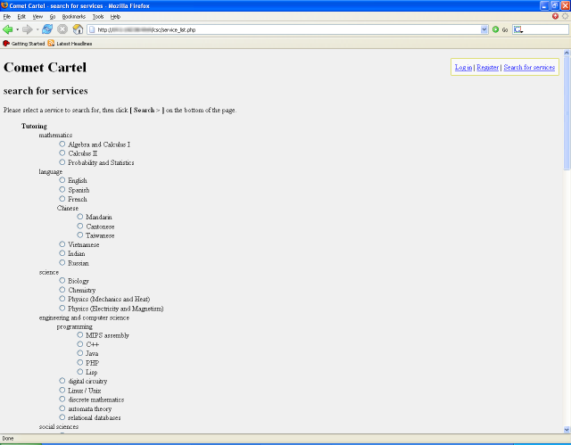 Screenshot: Search for services